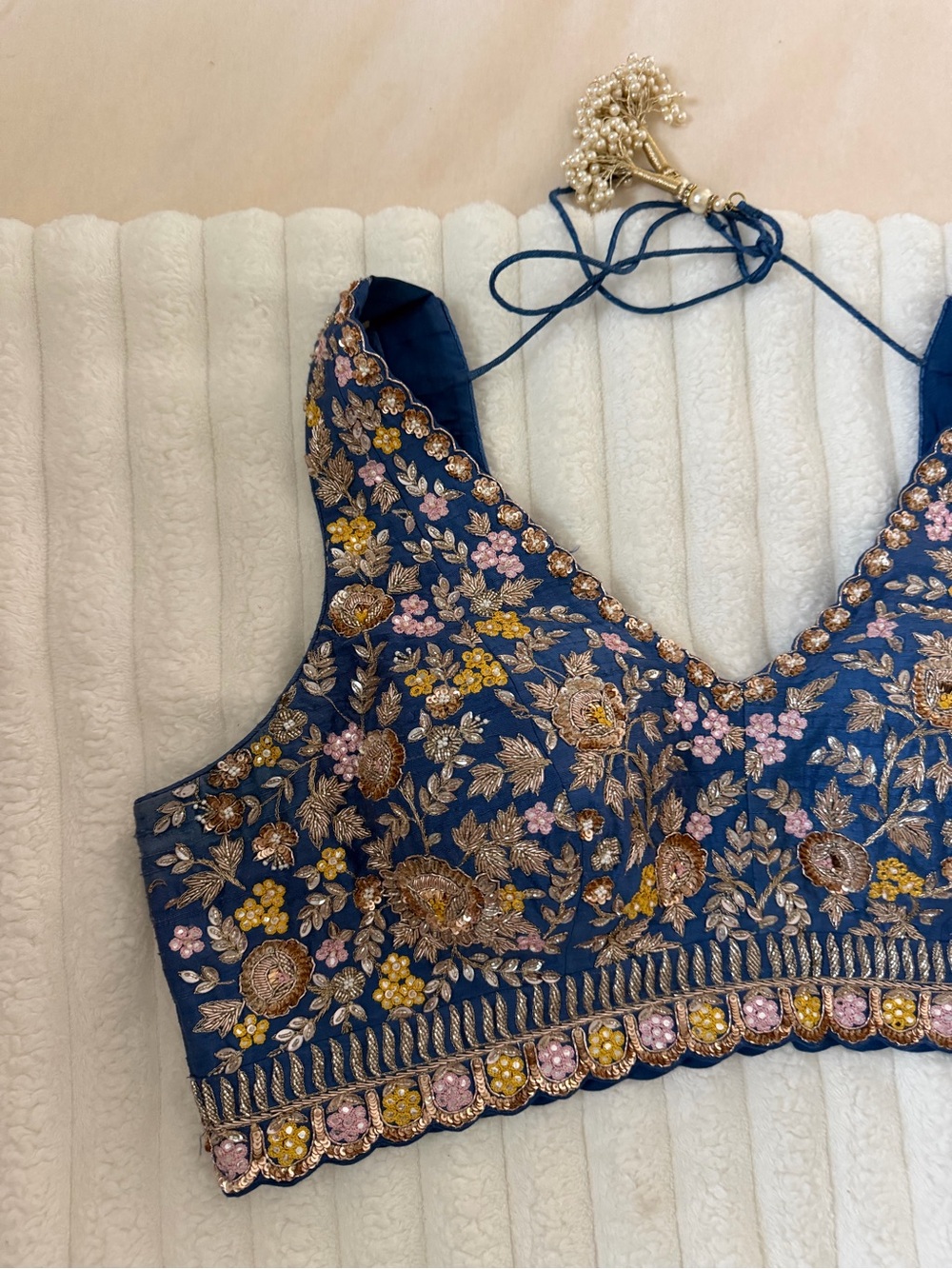 Chamee & Palak Embroidered Jewled Navy Floral Halter Camisole - Picture 2 of 12